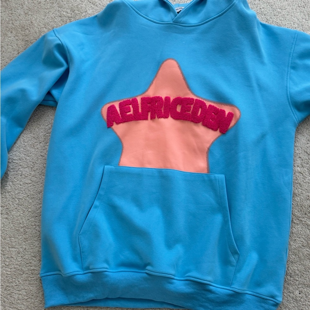 Aelfric Eden Sky Blue Hoodie with Peach Star and Red Logo